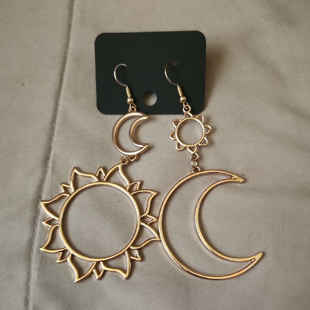 Gold Sun and Crescent Moon Dangle Earrings - Women Jewelry